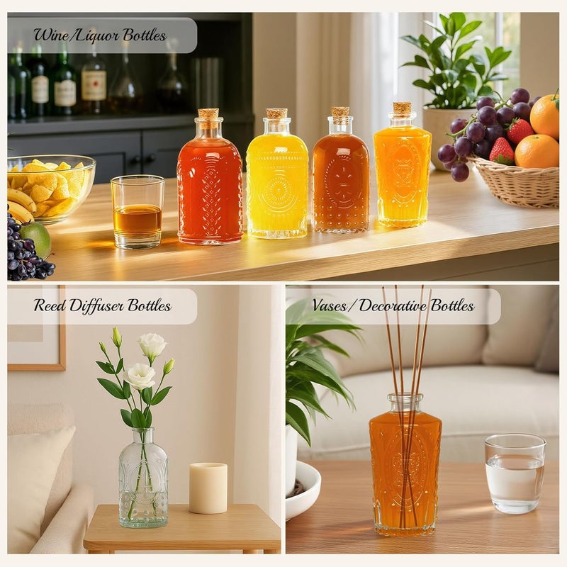 TBWIND 12 Pack 6oz Glass Bottles with Cork Stoppers, 200ml Clear Glass Liquor Bottles with 4 Vintage Patterns, Refillable Whiskey Bottles for Wine, Oil, Vinegar, Kombucha, Wedding Favors - Image 3